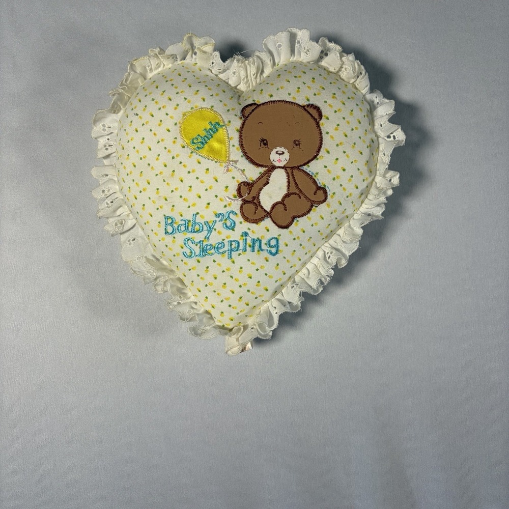 VTG Russ Shh Babys Sleeping Heart Pillow Teddy Bear Ruffle Cottage Yellow 80s